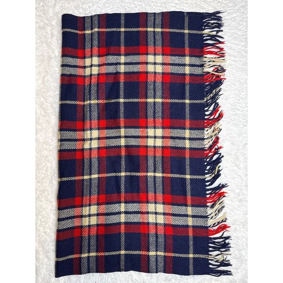1960s CarlDyke Tartan Wool Stadium Blanket Red Navy Plaid Fringe 51x38 - Picture 9 of 12